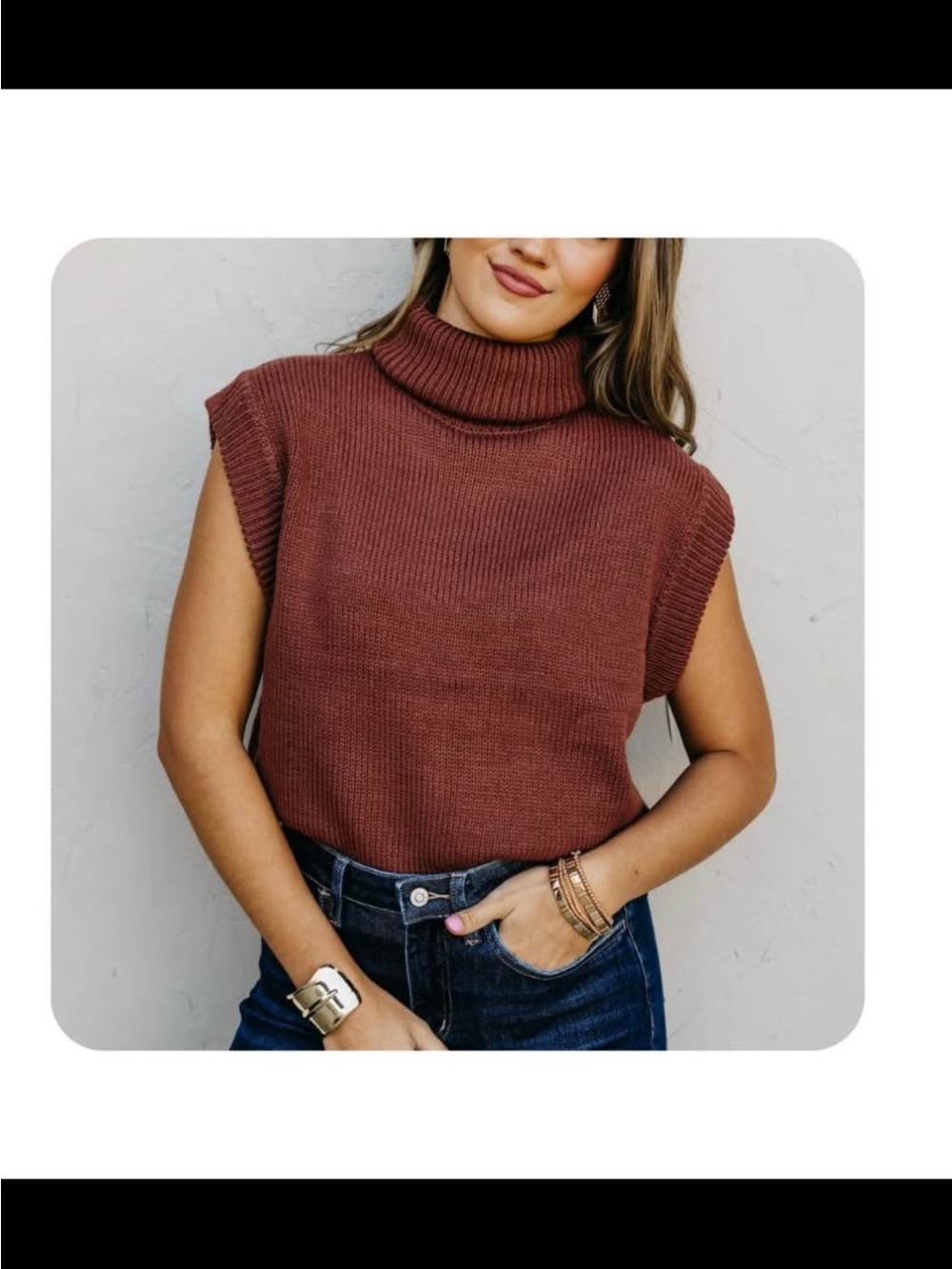 Sleeveless Turtleneck Knit Sweater Vest in Rust Brown